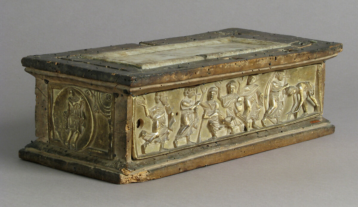 Portable Altar and Two Side Panels, Elephant ivory, shell gold, wood box, stone inset on lid, European