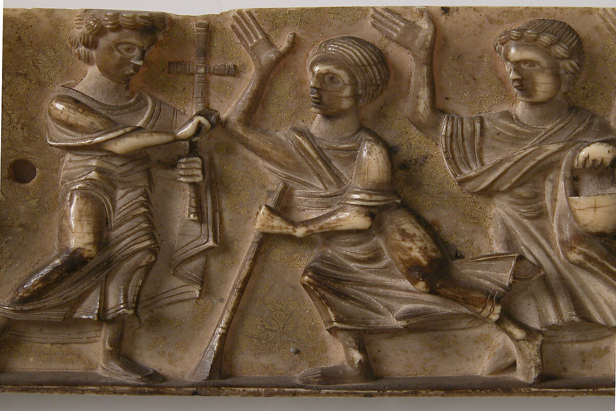 Portable Altar and Two Side Panels, Elephant ivory, shell gold, wood box, stone inset on lid, European