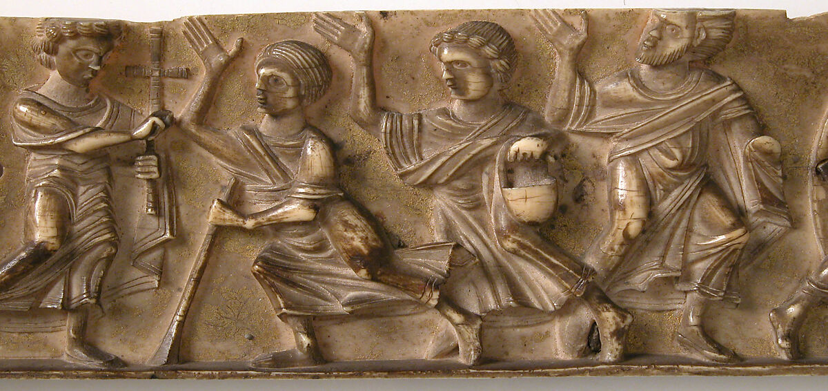 Portable Altar and Two Side Panels, Elephant ivory, shell gold, wood box, stone inset on lid, European