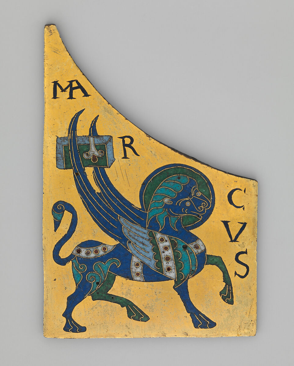 Plaque with the Symbol of the Evangelist Mark, Copper: cut and gilt; champlevé and cloisonné enamel: black, lapis and lavender blue, turquoise, green, red, white, pinkish white., French 