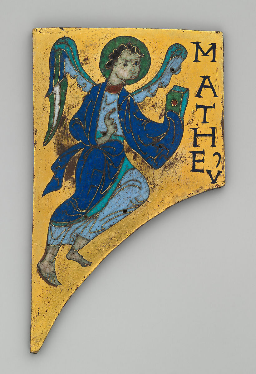 Plaque with the Symbol of the Evangelist Matthew, Copper: cut and gilt; champlevé and cloisonné enamel: black, lapis and lavender blue, turquoise, green, red, white, pinkish white., French 