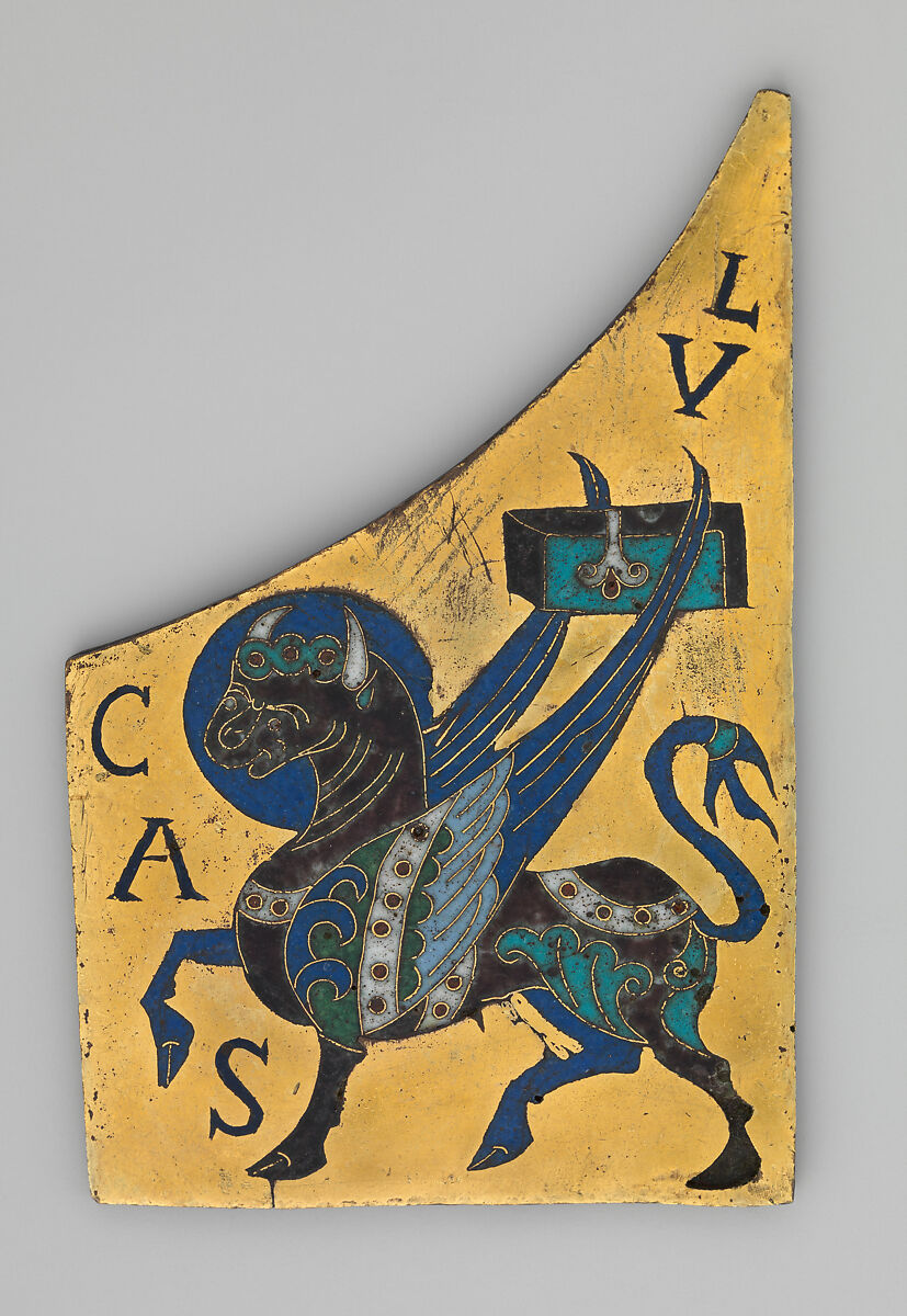 Plaque with the Symbol of the Evangelist Luke, Copper: cut and gilt; champlevé and cloisonné enamel: black, lapis and lavender blue, turquoise, green, red, white, pinkish white, semi-translucent wine red., French 