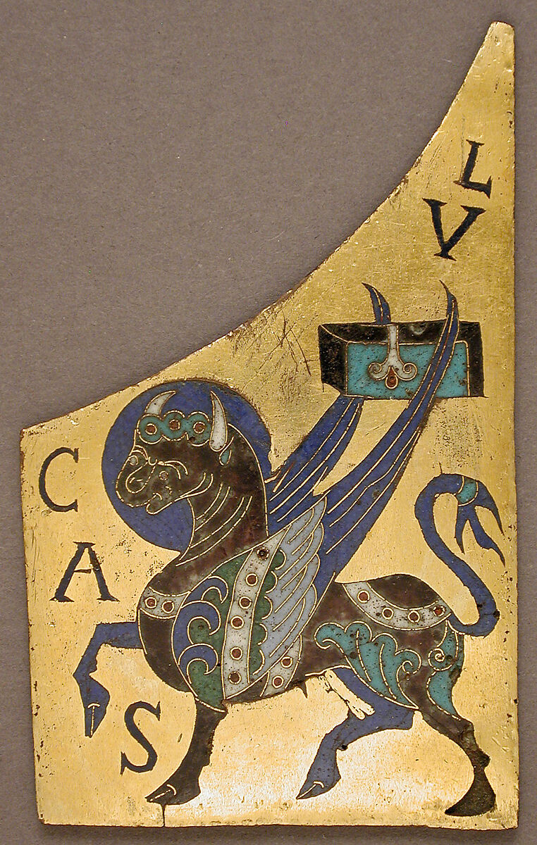 Plaque with the Symbol of the Evangelist Luke, Copper: cut and gilt; champlevé and cloisonné enamel: black, lapis and lavender blue, turquoise, green, red, white, pinkish white, semi-translucent wine red., French