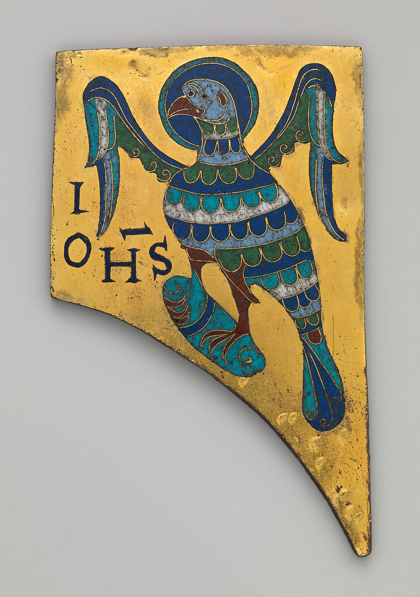 Plaque with the Symbol of the Evangelist John, Copper: cut and gilt; champlevé and cloisonné enamel: black, lapis and lavender blue, turquoise, green, red, white, pinkish white., French 