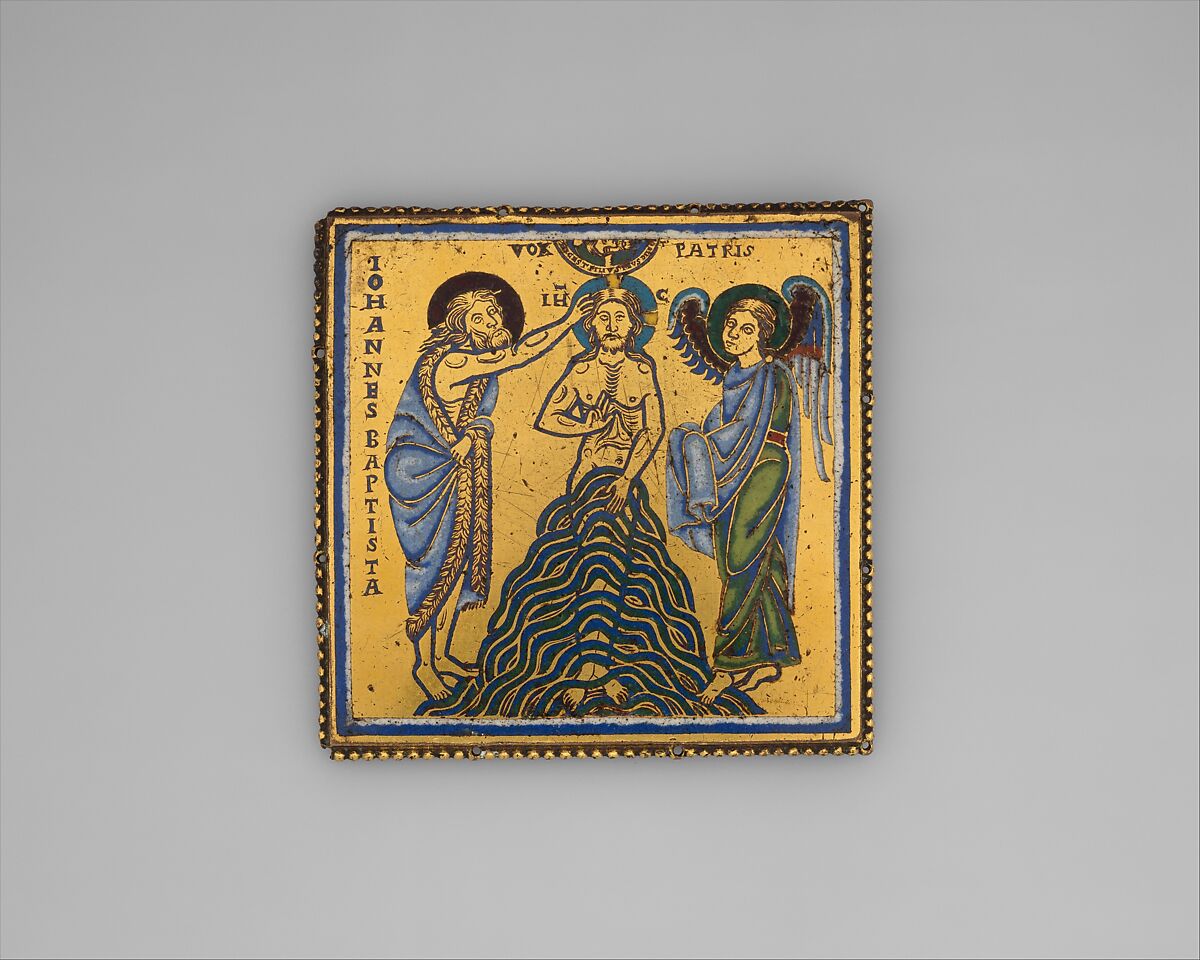 Plaque with the Baptism of Jesus, Champlevé enamel, copper alloy, gilt, South Netherlandish 