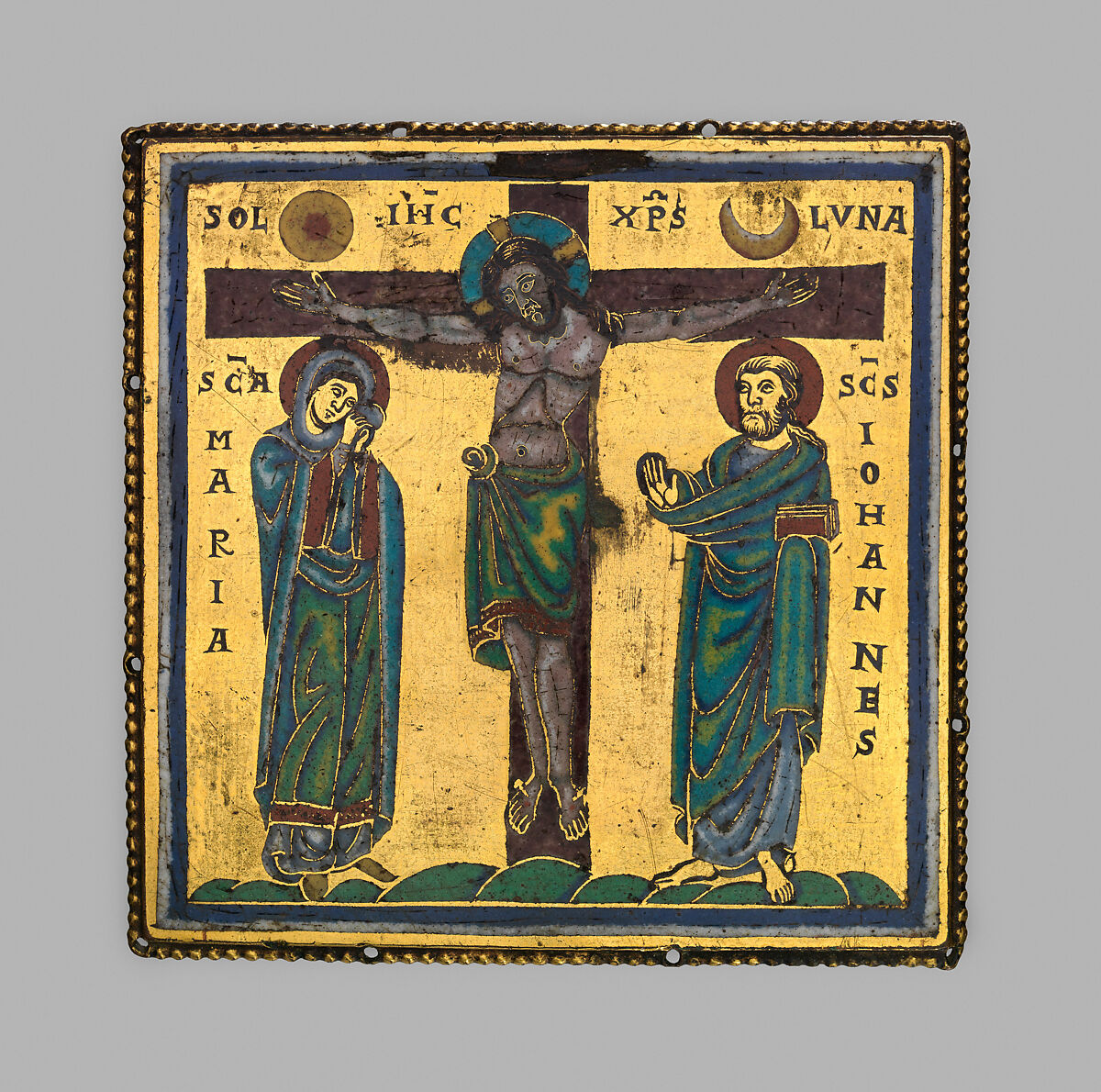 Plaque with the Crucifixion, Champlevé and cloisonné enamel, copper alloy, gilt, South Netherlandish 