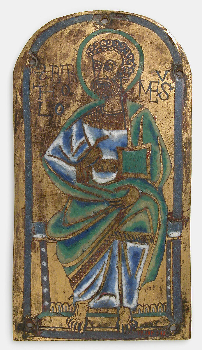 Plaque of St. Bartholomew, Champlevé enamel, copper-gilt, Lower Rhenish or Saxon 