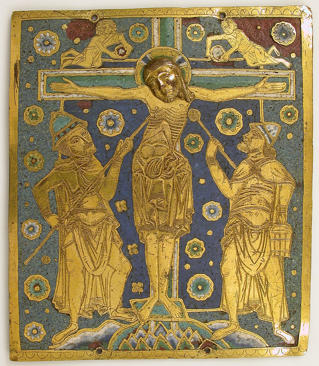 Plaque with the Crucifixion between Longinus and Stephaton and Personifications of the Sun and Moon, Champlevé enamel, copper, German 