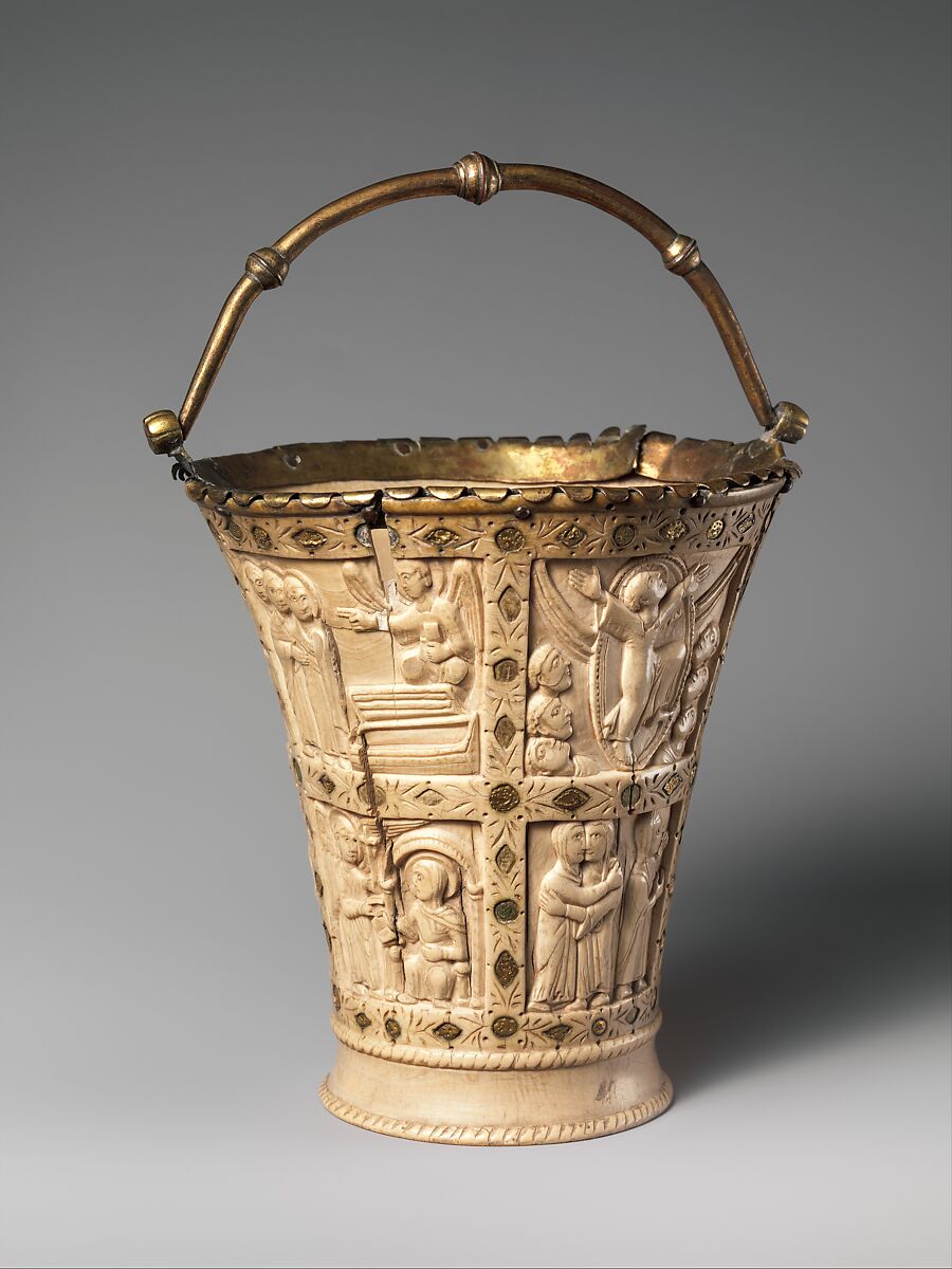 Situla (Bucket for Holy Water), Elephant ivory with gilded copper-alloy mounts and foil inlays, Carolingian