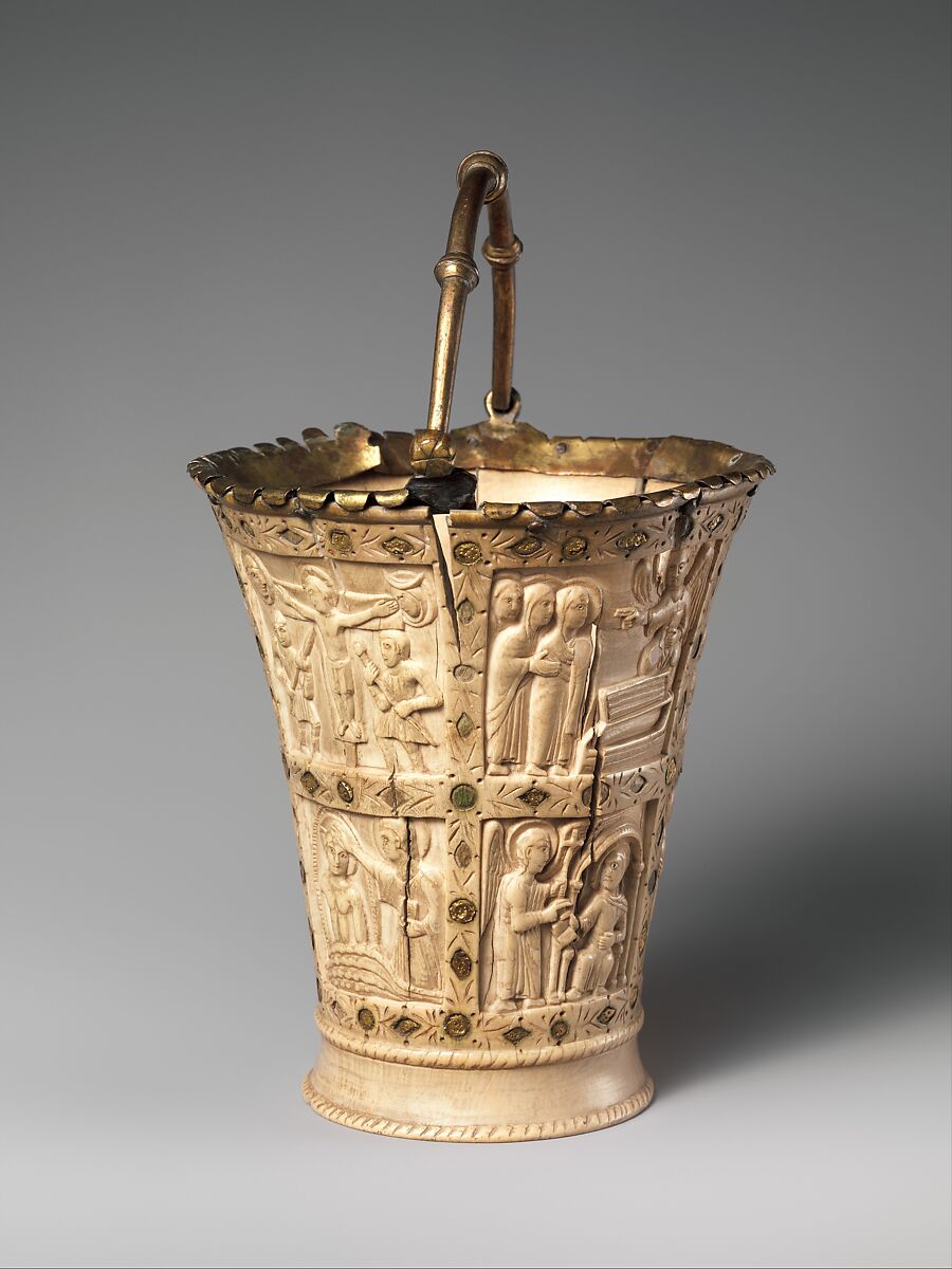 Situla (Bucket for Holy Water), Elephant ivory with gilded copper-alloy mounts and foil inlays, Carolingian
