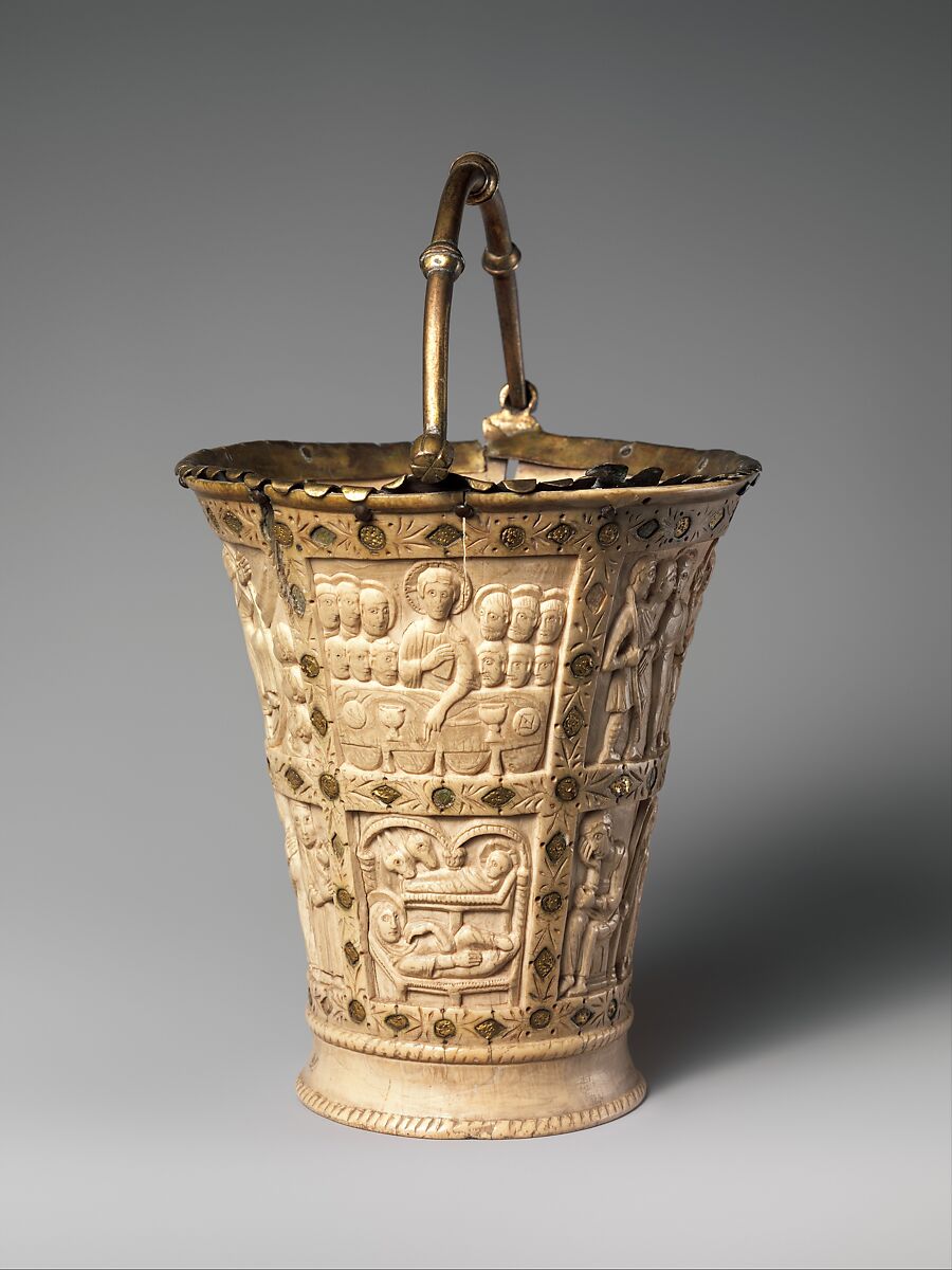 Situla (Bucket for Holy Water), Elephant ivory with gilded copper-alloy mounts and foil inlays, Carolingian