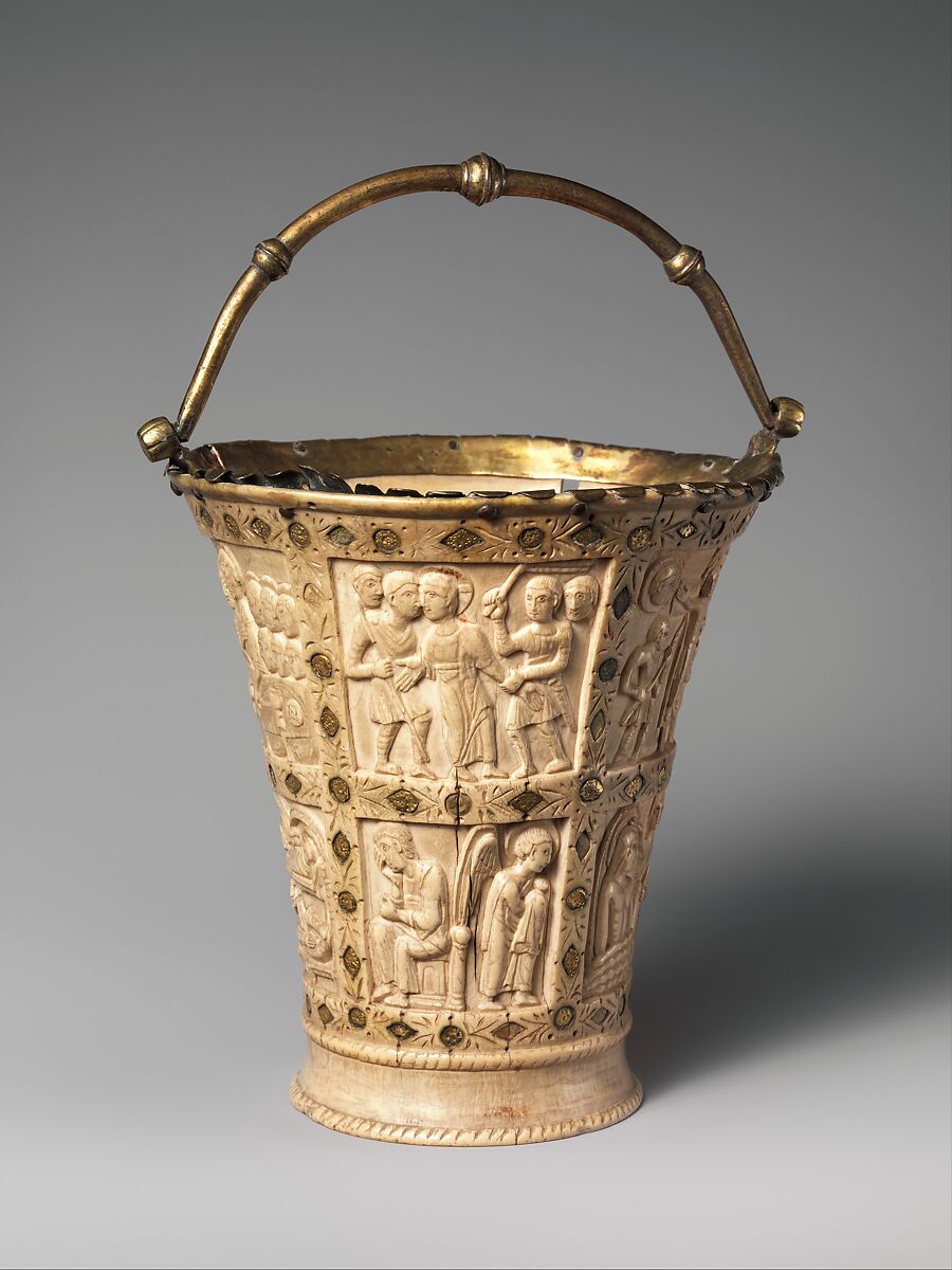 Situla (Bucket for Holy Water), Elephant ivory with gilded copper-alloy mounts and foil inlays, Carolingian