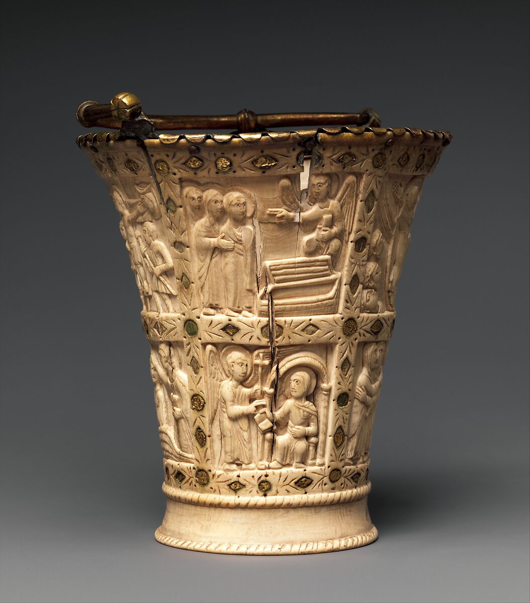 Situla (Bucket for Holy Water), Elephant ivory with gilded copper-alloy mounts and foil inlays, Carolingian