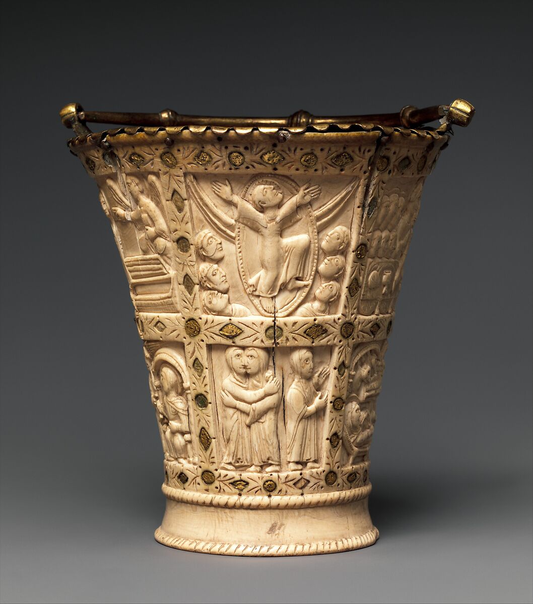 Situla (Bucket for Holy Water), Elephant ivory with gilded copper-alloy mounts and foil inlays, Carolingian