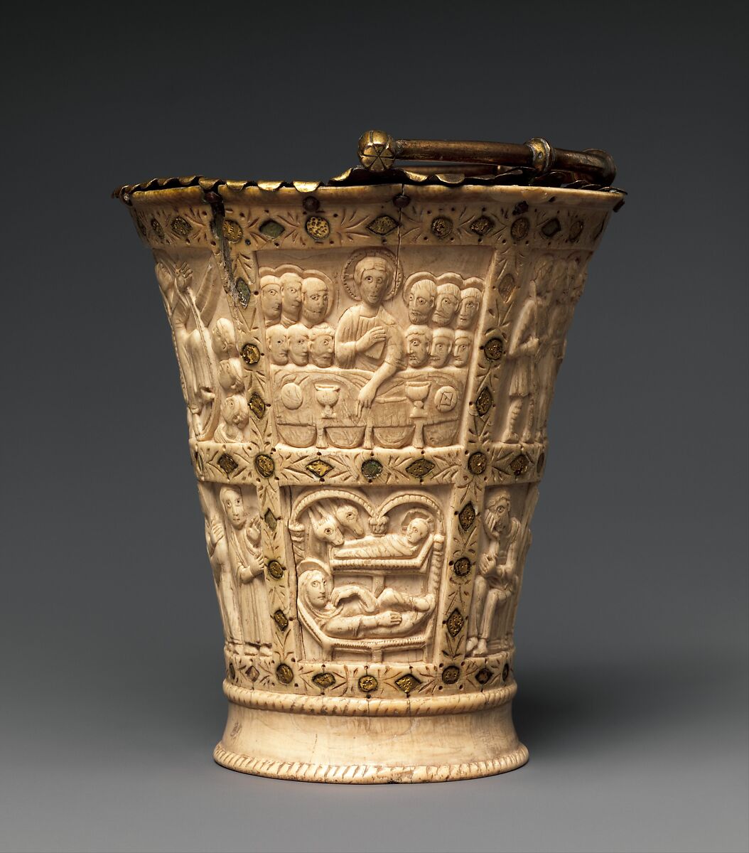Situla (Bucket for Holy Water), Ivory with gilded copper-alloy mounts and foil inlays, Carolingian 