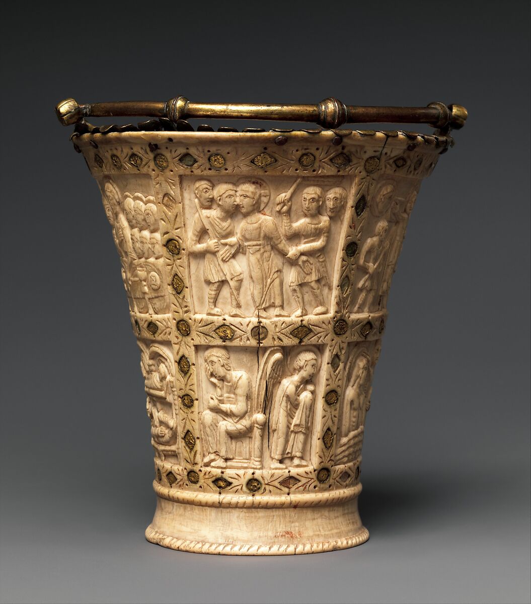 Situla (Bucket for Holy Water), Elephant ivory with gilded copper-alloy mounts and foil inlays, Carolingian