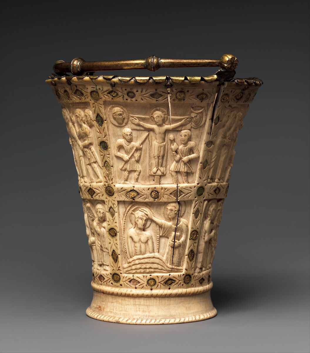 Situla (Bucket for Holy Water), Elephant ivory with gilded copper-alloy mounts and foil inlays, Carolingian