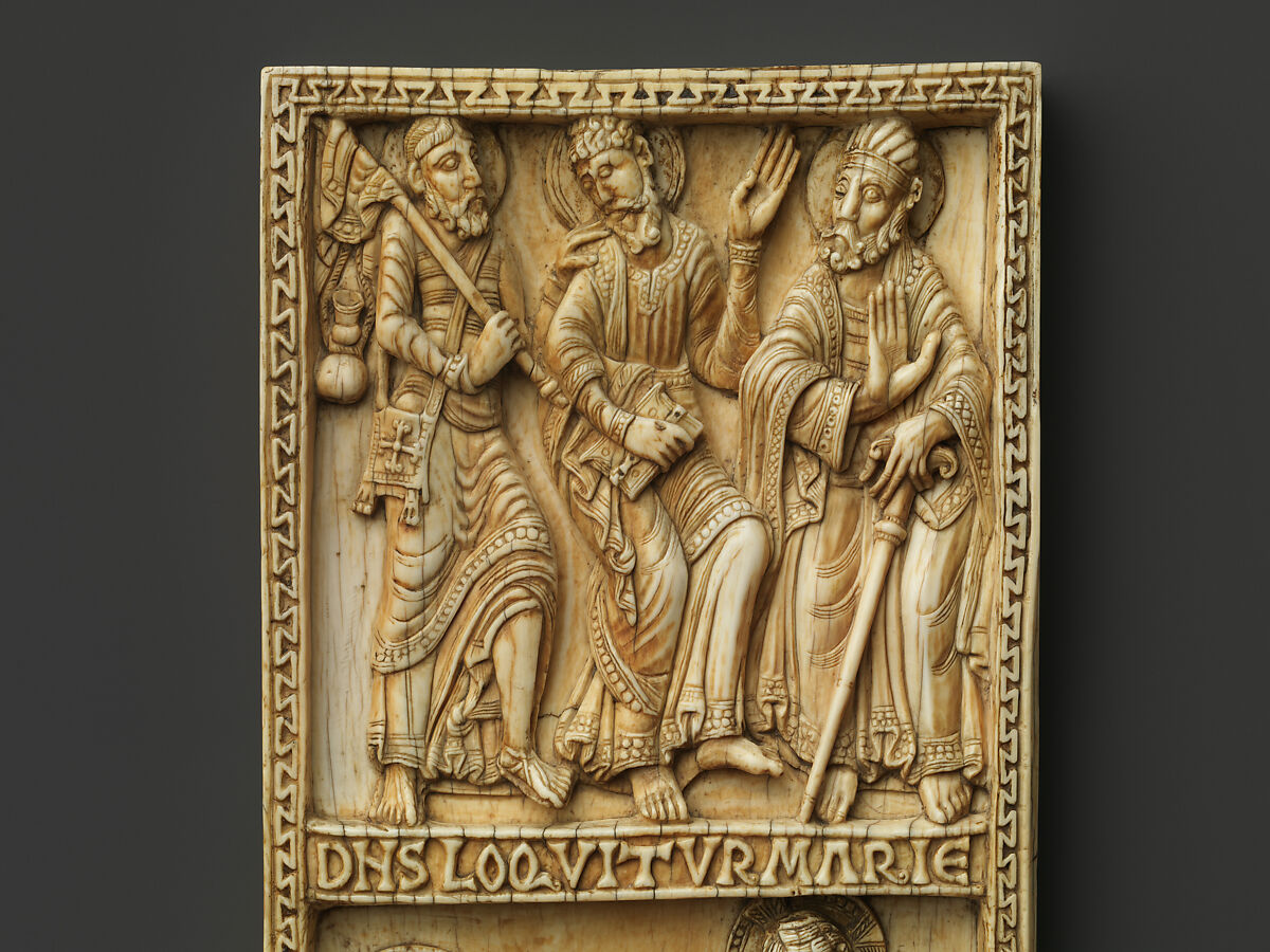 Plaque with the Journey to Emmaus and Noli Me Tangere, Elephant ivory with traces of gilding, Spanish