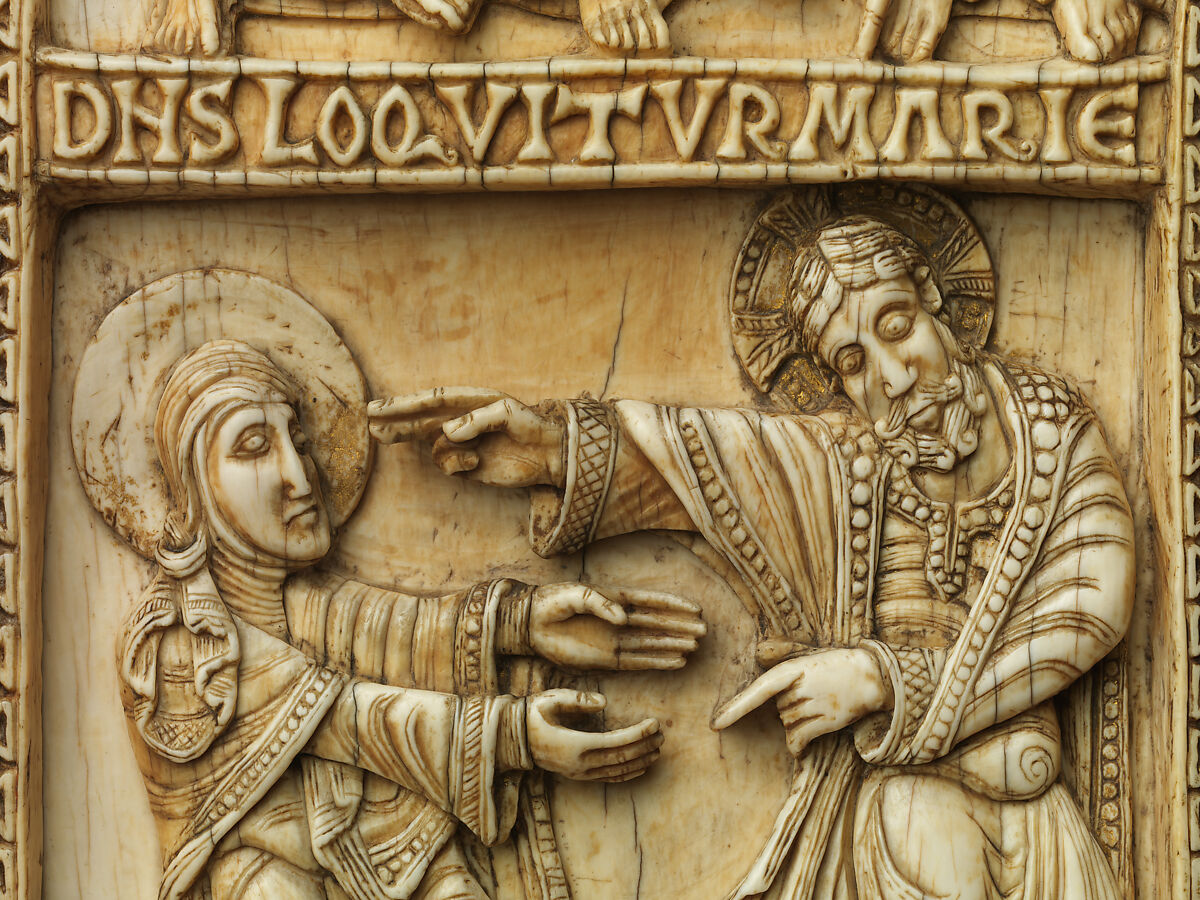 Plaque with the Journey to Emmaus and Noli Me Tangere, Elephant ivory with traces of gilding, Spanish