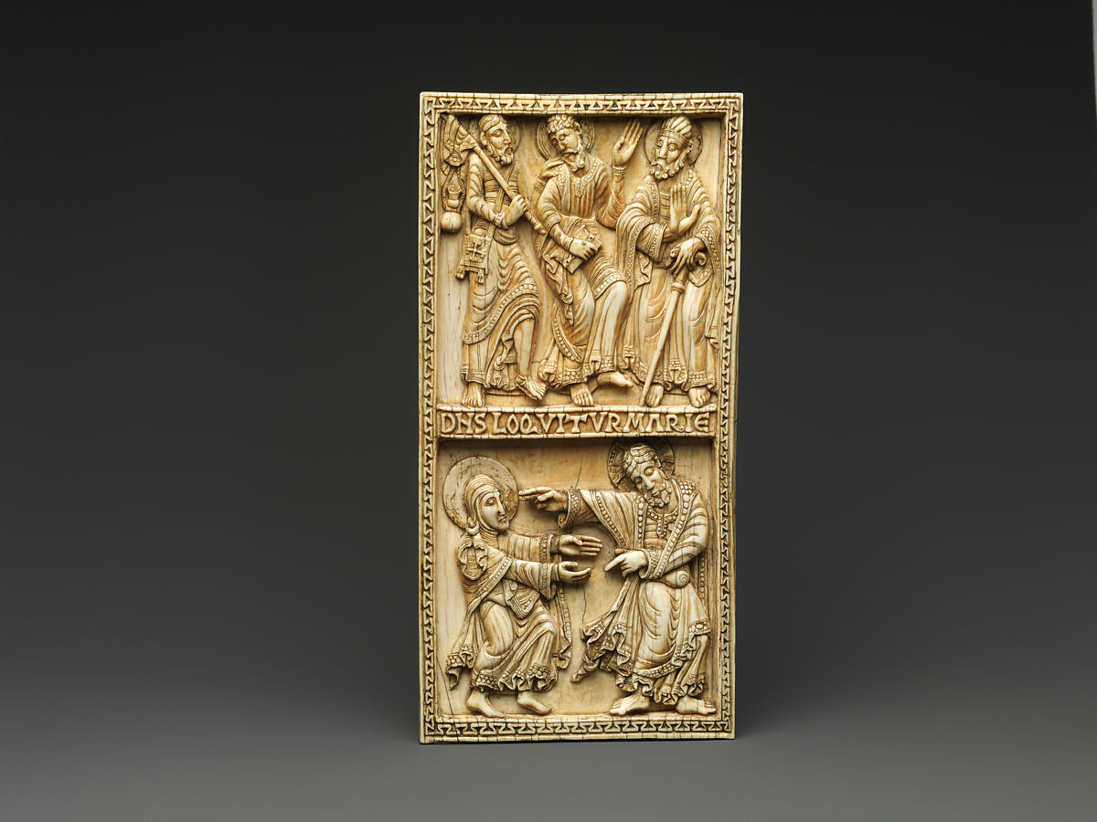 Plaque with the Journey to Emmaus and Noli Me Tangere, Ivory, traces of gilding, Spanish 