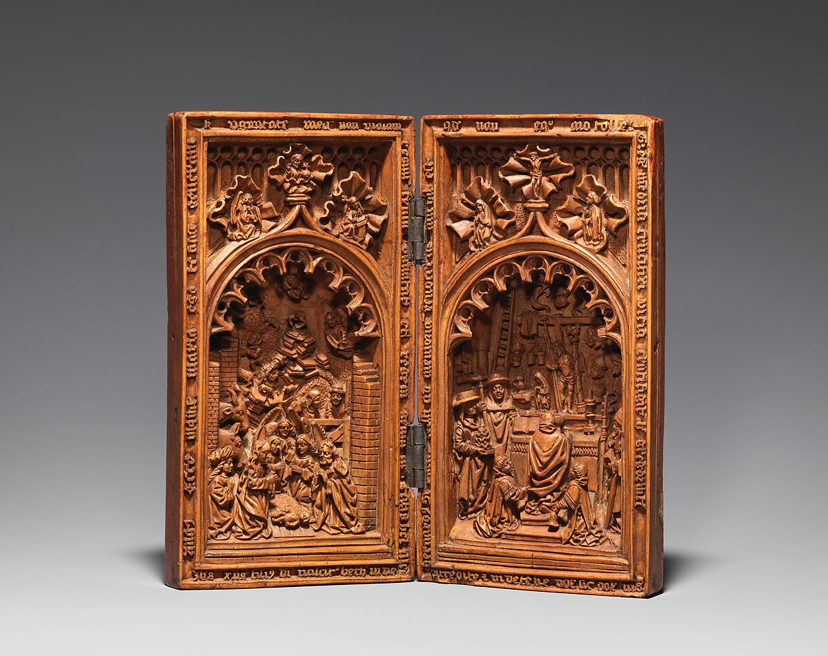 Diptych with the Nativity and the Mass of Saint Gregory, Boxwood, Netherlandish 
