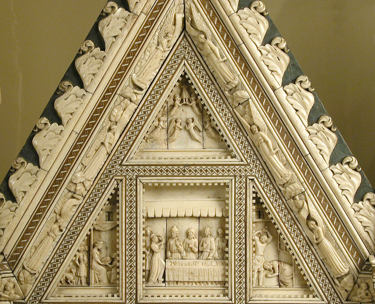 Altarpiece with the Lives of Jesus, Saint John the Baptist, and Saint John the Evangelist, Baldassare degli Embriachi (Italian, active 1390–1409), Bone framed with intarsia and horn, traces of paint and gilding, North Italian