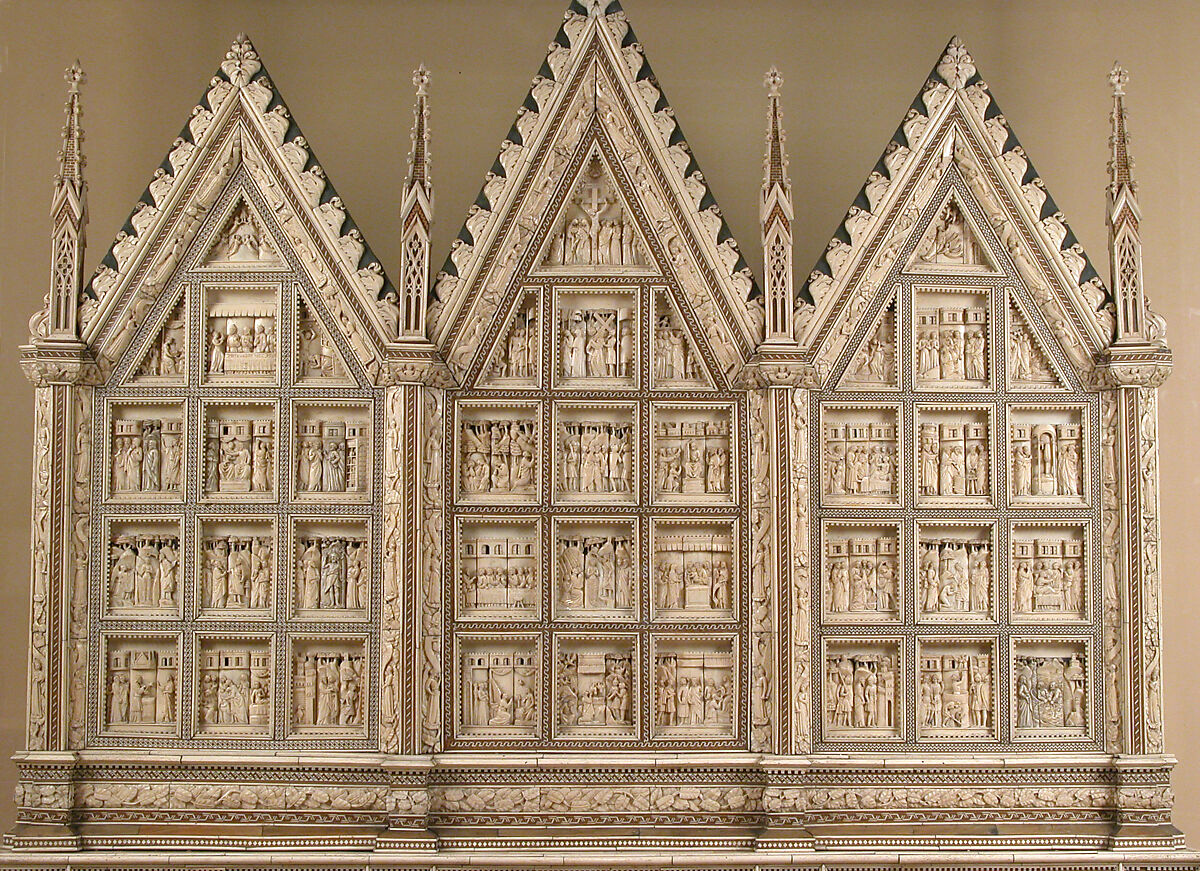 Altarpiece, Baldassare degli Embriachi (Italian, active 1390–1409), Bone framed with intarsia and horn, traces of paint and gilding, North Italian 