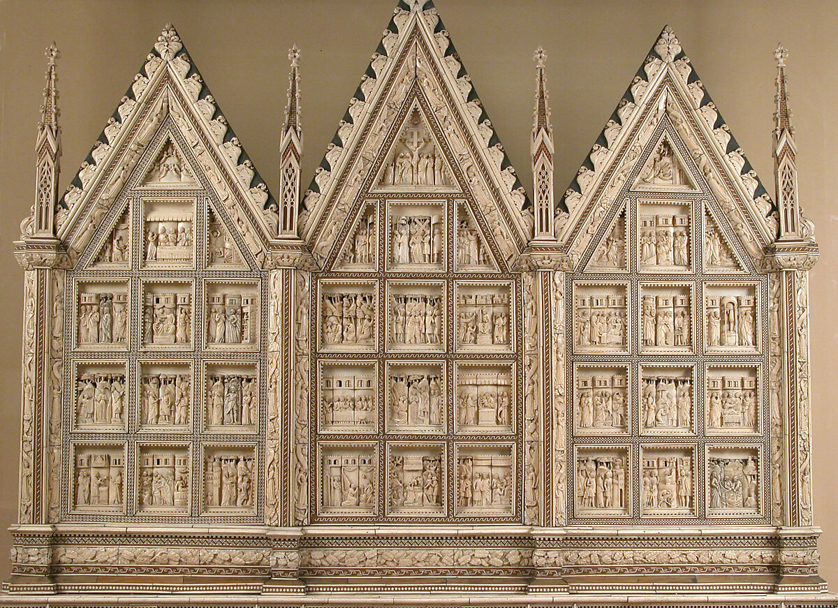 Altarpiece with the Lives of Jesus, Saint John the Baptist, and Saint John the Evangelist, Baldassare degli Embriachi (Italian, active 1390–1409), Bone framed with intarsia and horn, traces of paint and gilding, North Italian 