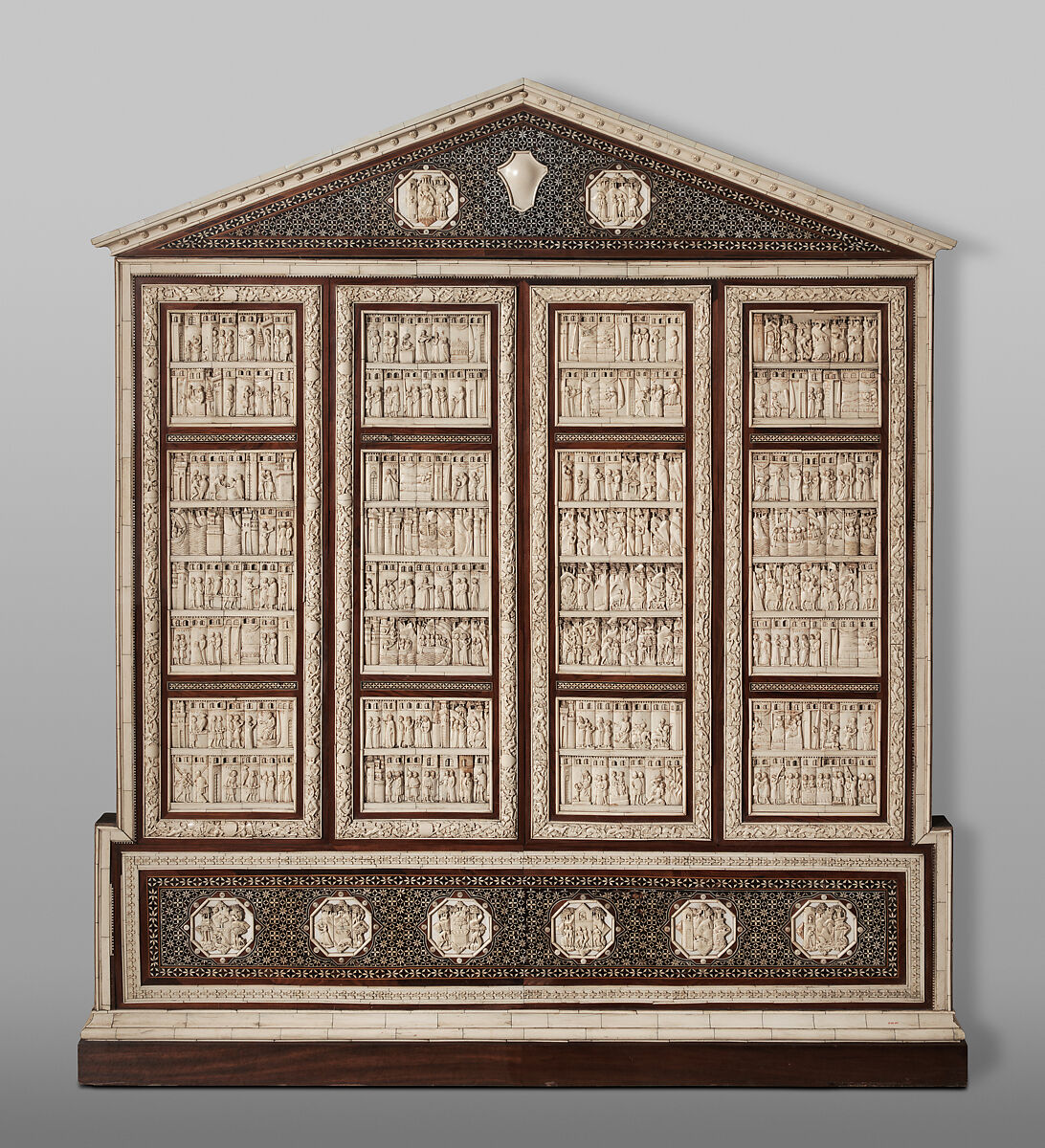 Cabinet frontal with panels from two Embriachi caskets, Baldassare degli Embriachi (Italian, active 1390–1409) (Workshop), Bone and Certosina (inlays of stained woods, bone and horn) with traces of gilding, Italian 