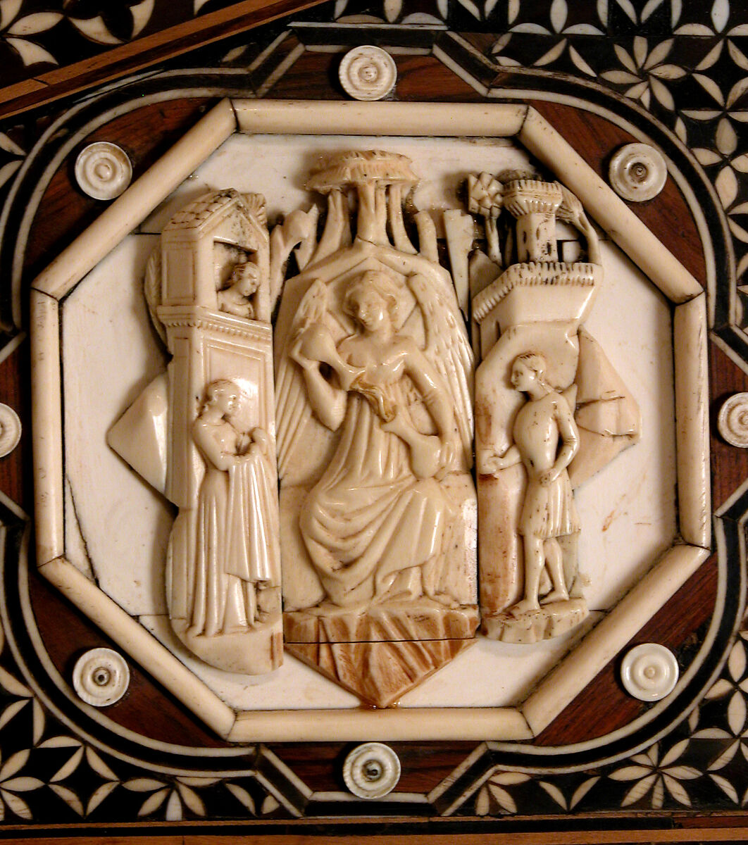 Cabinet frontal with panels from two Embriachi caskets, Baldassare degli Embriachi (Italian, active 1390–1409) (Workshop), Bone and Certosina (inlays of stained woods, bone and horn) with traces of gilding, Italian