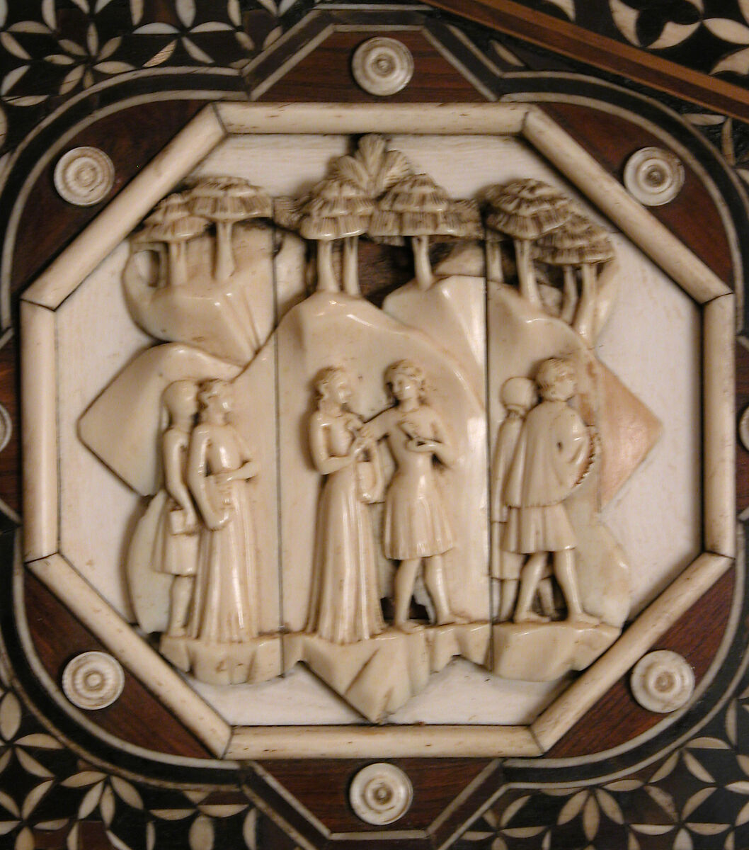 Cabinet frontal with panels from two Embriachi caskets, Baldassare degli Embriachi (Italian, active 1390–1409) (Workshop), Bone and Certosina (inlays of stained woods, bone and horn) with traces of gilding, Italian