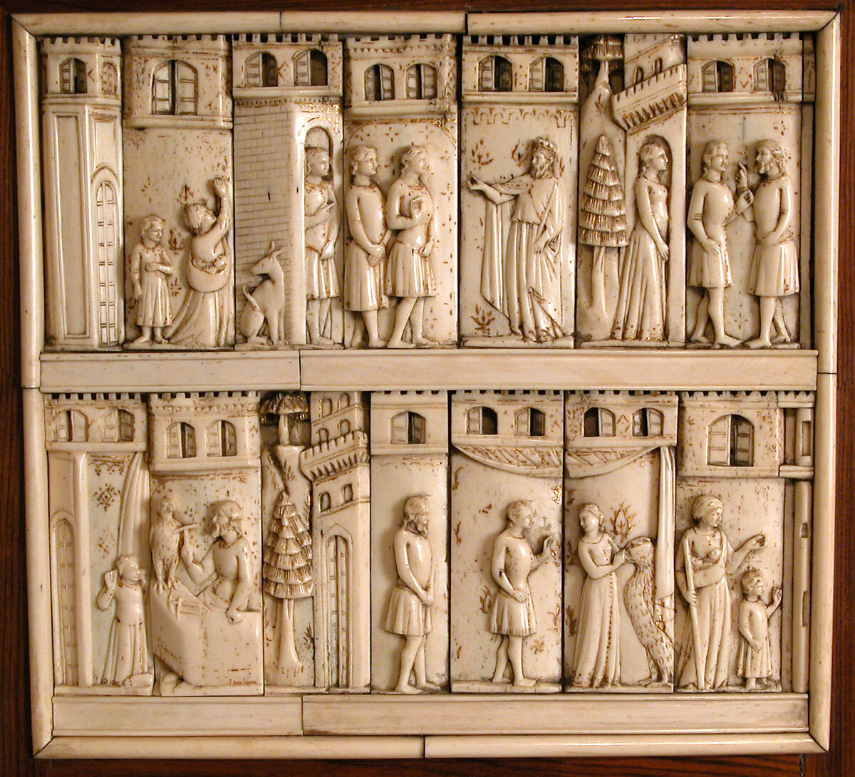 Cabinet frontal with panels from two Embriachi caskets, Baldassare degli Embriachi (Italian, active 1390–1409) (Workshop), Bone and Certosina (inlays of stained woods, bone and horn) with traces of gilding, Italian