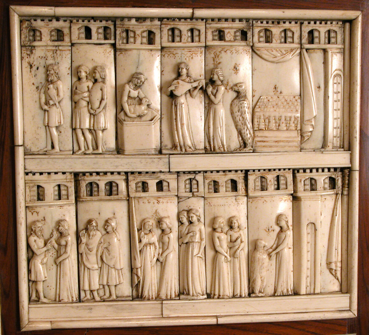 Cabinet frontal with panels from two Embriachi caskets, Baldassare degli Embriachi (Italian, active 1390–1409) (Workshop), Bone and Certosina (inlays of stained woods, bone and horn) with traces of gilding, Italian
