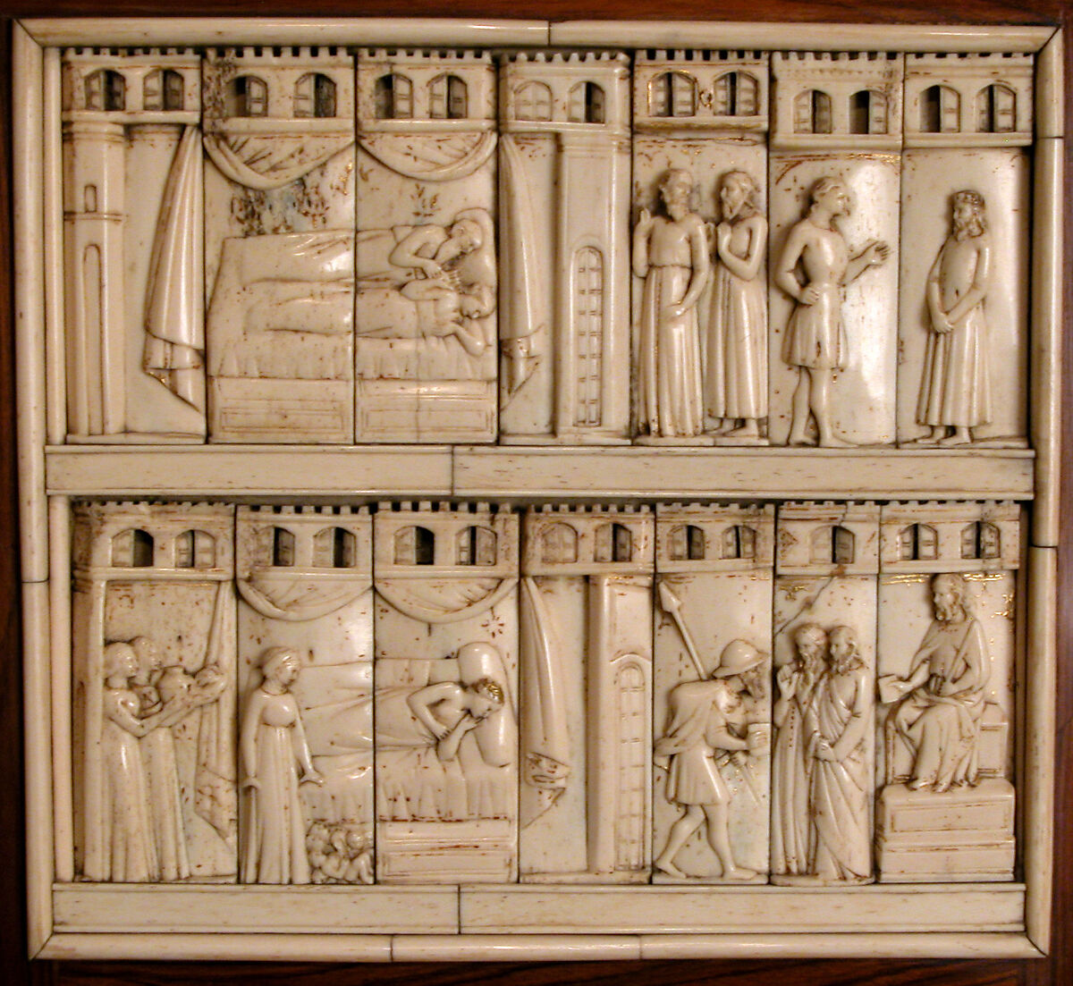 Cabinet frontal with panels from two Embriachi caskets, Baldassare degli Embriachi (Italian, active 1390–1409) (Workshop), Bone and Certosina (inlays of stained woods, bone and horn) with traces of gilding, Italian
