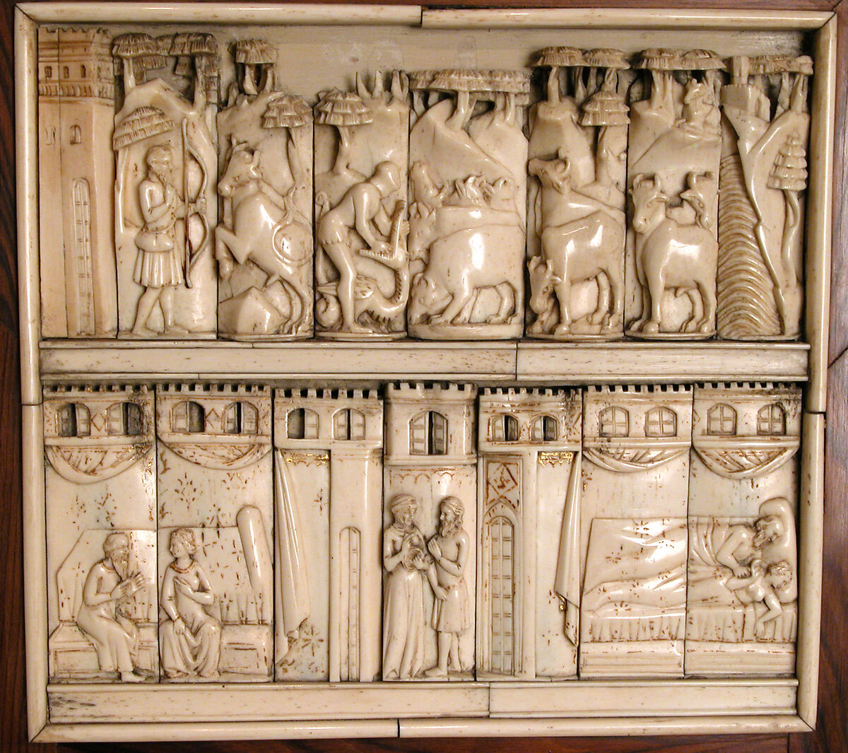 Cabinet frontal with panels from two Embriachi caskets, Baldassare degli Embriachi (Italian, active 1390–1409) (Workshop), Bone and Certosina (inlays of stained woods, bone and horn) with traces of gilding, Italian