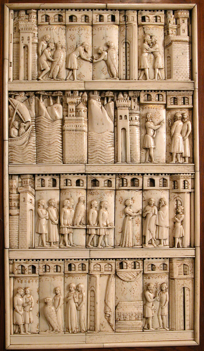 Cabinet frontal with panels from two Embriachi caskets, Baldassare degli Embriachi (Italian, active 1390–1409) (Workshop), Bone and Certosina (inlays of stained woods, bone and horn) with traces of gilding, Italian