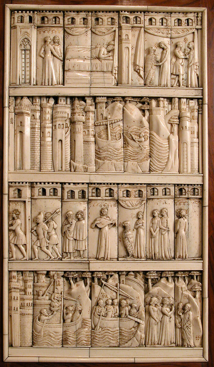 Cabinet frontal with panels from two Embriachi caskets, Baldassare degli Embriachi (Italian, active 1390–1409) (Workshop), Bone and Certosina (inlays of stained woods, bone and horn) with traces of gilding, Italian