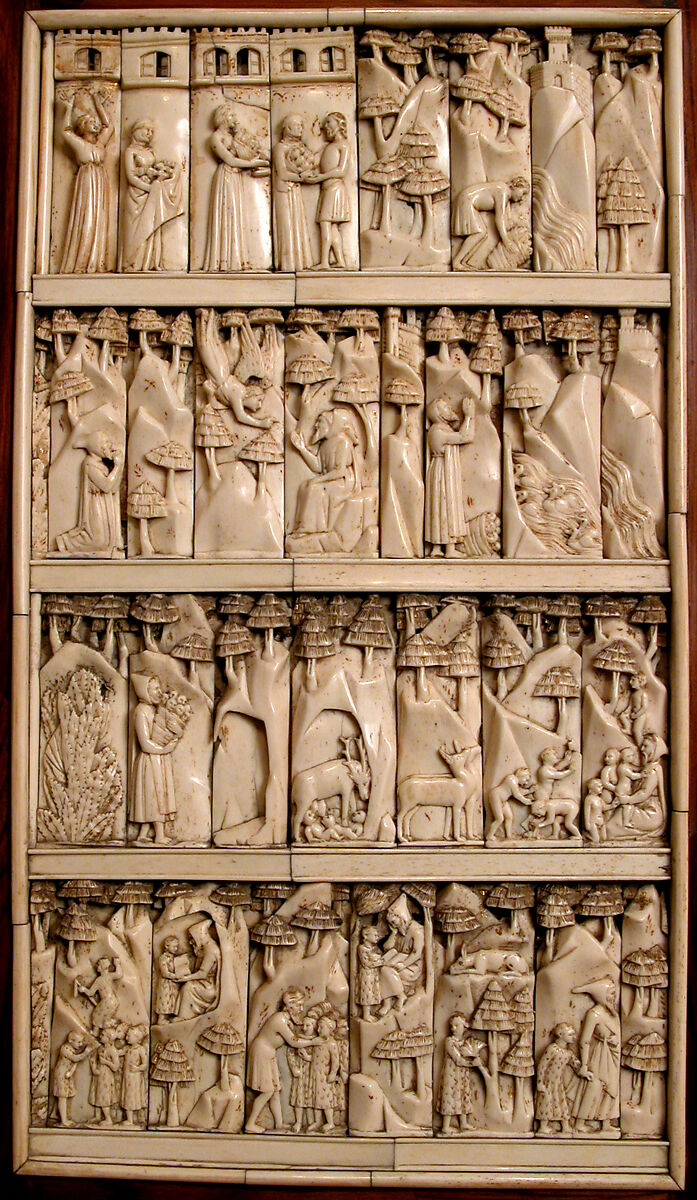 Cabinet frontal with panels from two Embriachi caskets, Baldassare degli Embriachi (Italian, active 1390–1409) (Workshop), Bone and Certosina (inlays of stained woods, bone and horn) with traces of gilding, Italian