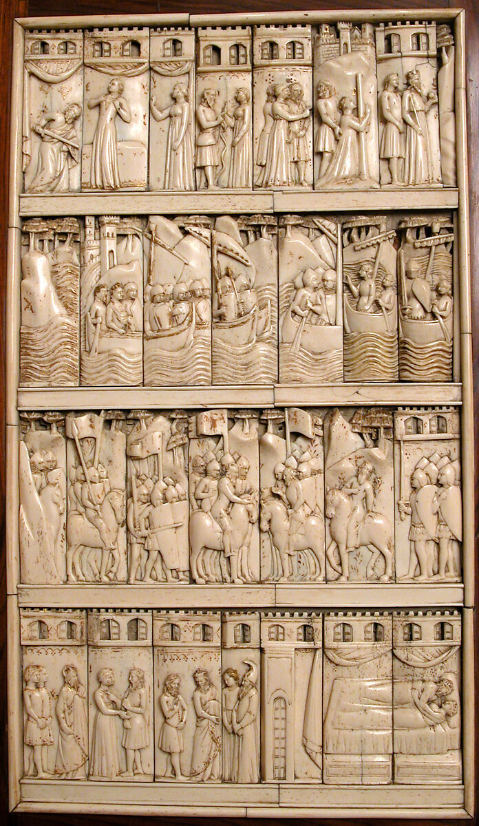 Cabinet frontal with panels from two Embriachi caskets, Baldassare degli Embriachi (Italian, active 1390–1409) (Workshop), Bone and Certosina (inlays of stained woods, bone and horn) with traces of gilding, Italian