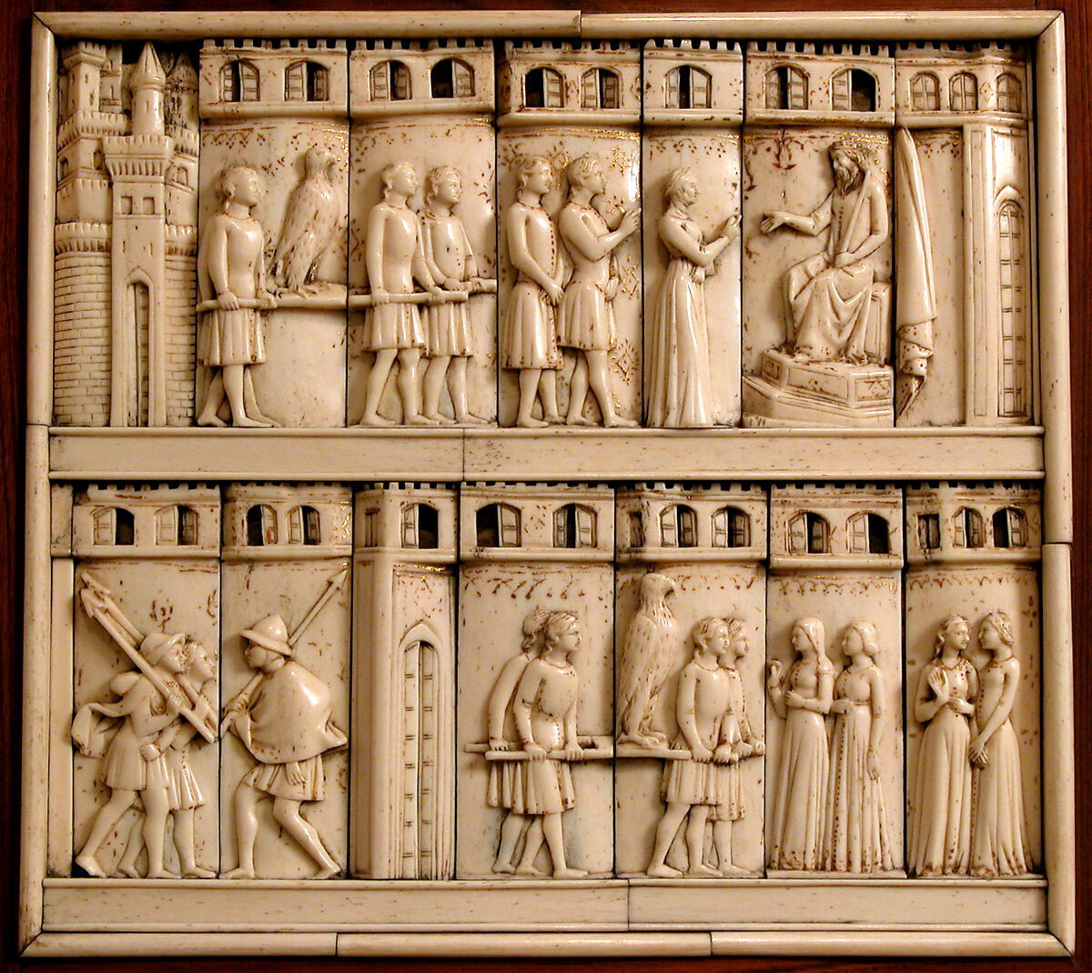 Cabinet frontal with panels from two Embriachi caskets, Baldassare degli Embriachi (Italian, active 1390–1409) (Workshop), Bone and Certosina (inlays of stained woods, bone and horn) with traces of gilding, Italian