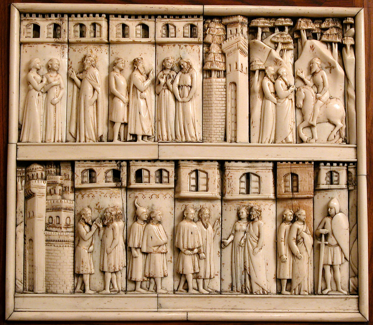 Cabinet frontal with panels from two Embriachi caskets, Baldassare degli Embriachi (Italian, active 1390–1409) (Workshop), Bone and Certosina (inlays of stained woods, bone and horn) with traces of gilding, Italian