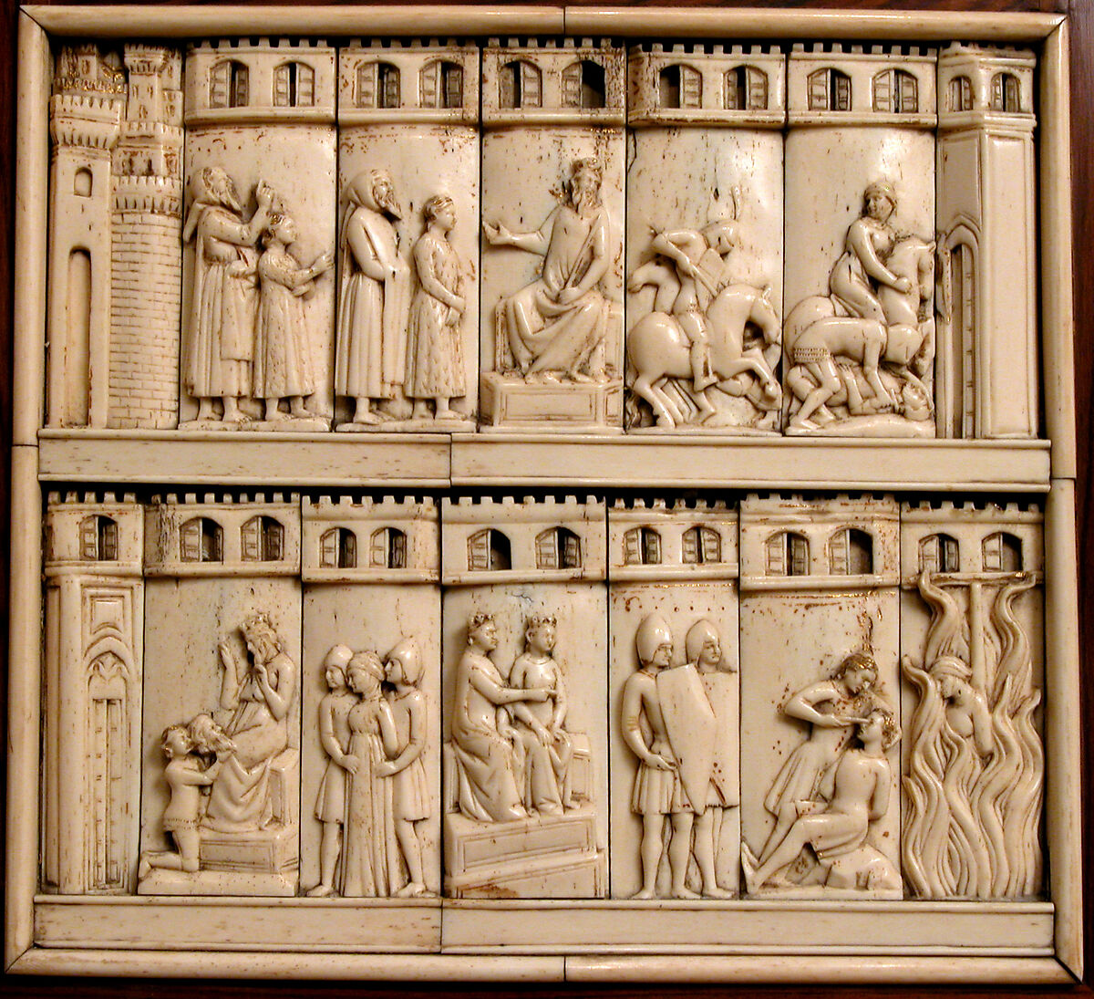 Cabinet frontal with panels from two Embriachi caskets, Baldassare degli Embriachi (Italian, active 1390–1409) (Workshop), Bone and Certosina (inlays of stained woods, bone and horn) with traces of gilding, Italian