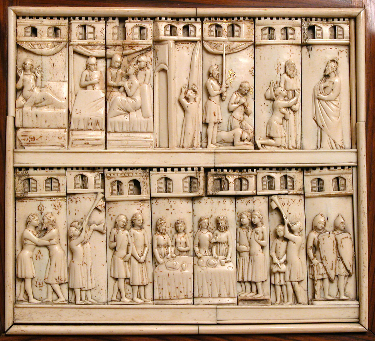 Cabinet frontal with panels from two Embriachi caskets, Baldassare degli Embriachi (Italian, active 1390–1409) (Workshop), Bone and Certosina (inlays of stained woods, bone and horn) with traces of gilding, Italian