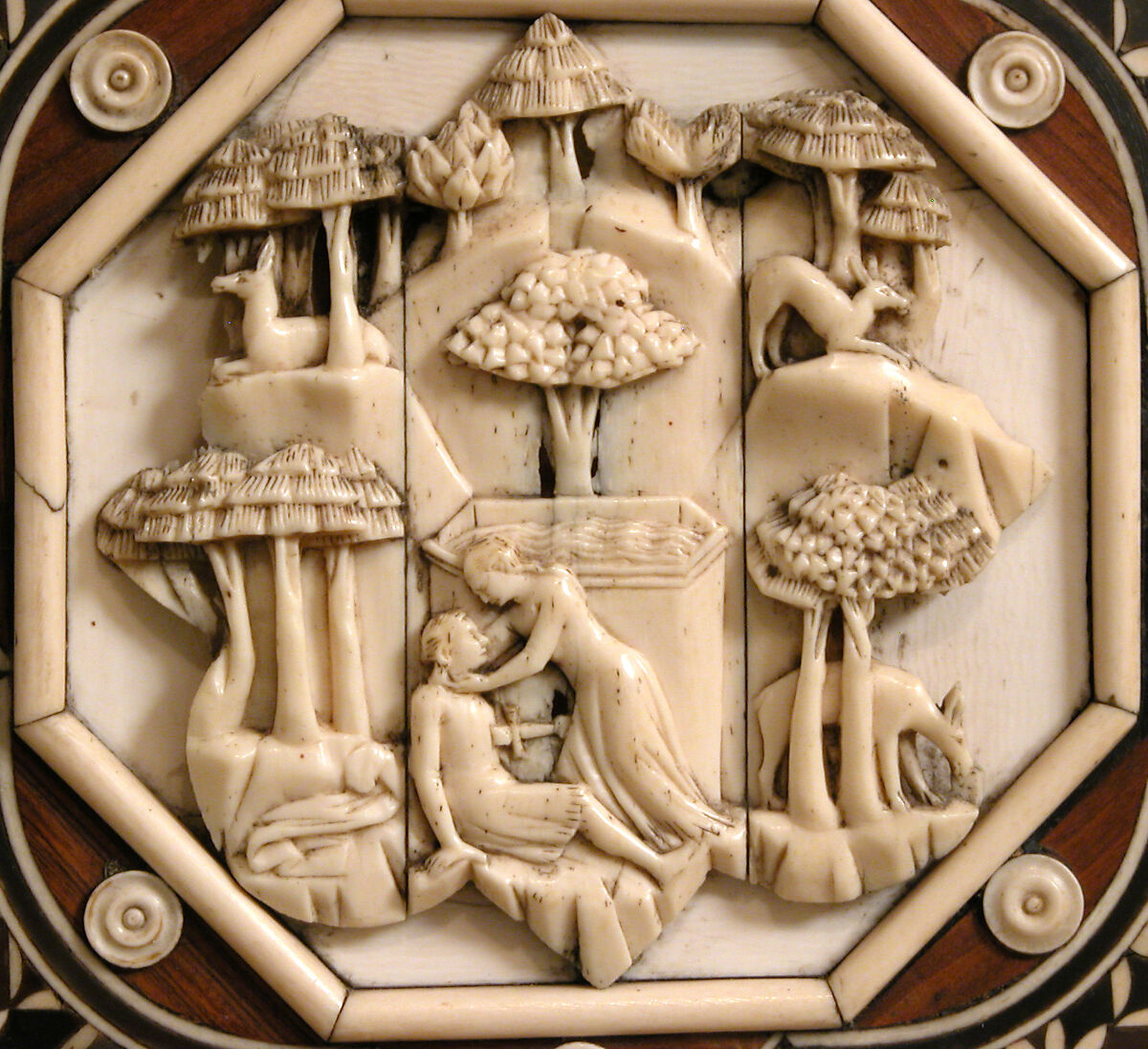 Cabinet frontal with panels from two Embriachi caskets, Baldassare degli Embriachi (Italian, active 1390–1409) (Workshop), Bone and Certosina (inlays of stained woods, bone and horn) with traces of gilding, Italian