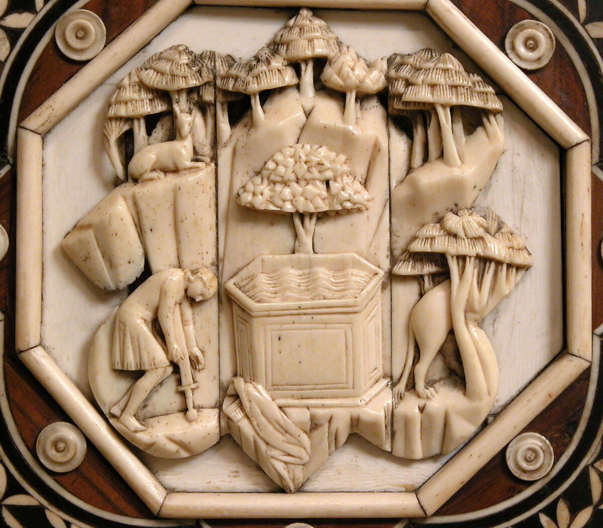 Cabinet frontal with panels from two Embriachi caskets, Baldassare degli Embriachi (Italian, active 1390–1409) (Workshop), Bone and Certosina (inlays of stained woods, bone and horn) with traces of gilding, Italian