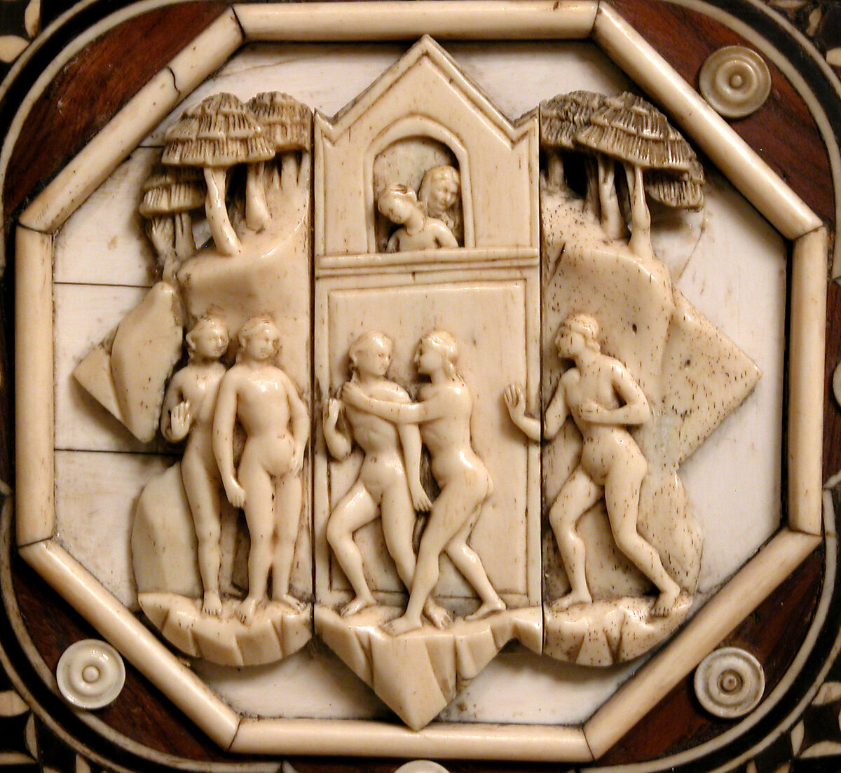 Cabinet frontal with panels from two Embriachi caskets, Baldassare degli Embriachi (Italian, active 1390–1409) (Workshop), Bone and Certosina (inlays of stained woods, bone and horn) with traces of gilding, Italian