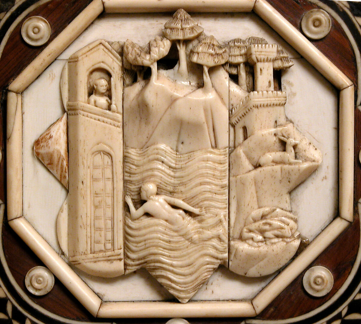 Cabinet frontal with panels from two Embriachi caskets, Baldassare degli Embriachi (Italian, active 1390–1409) (Workshop), Bone and Certosina (inlays of stained woods, bone and horn) with traces of gilding, Italian