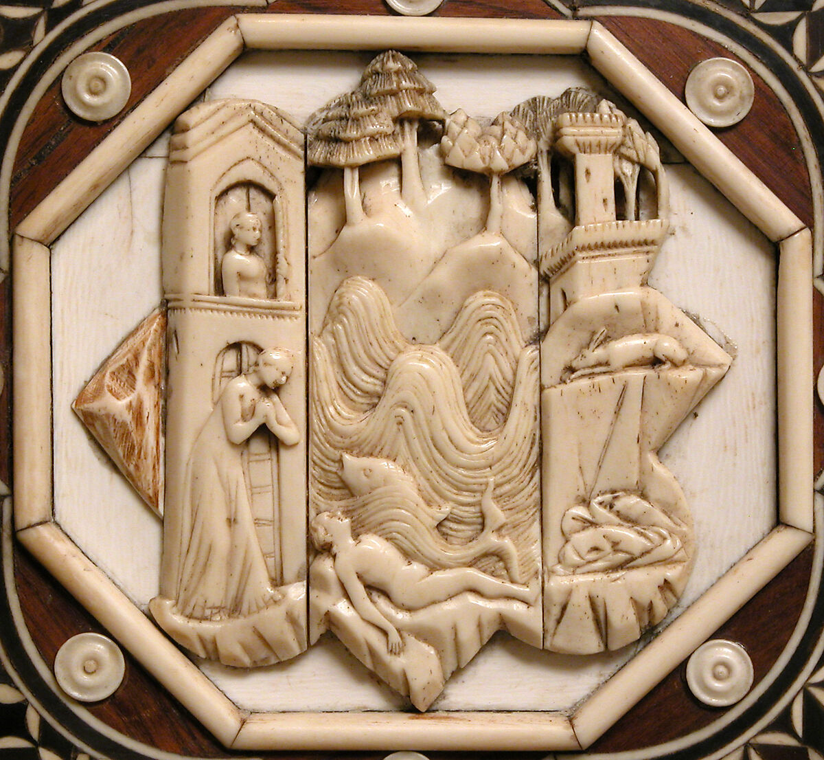 Cabinet frontal with panels from two Embriachi caskets, Baldassare degli Embriachi (Italian, active 1390–1409) (Workshop), Bone and Certosina (inlays of stained woods, bone and horn) with traces of gilding, Italian