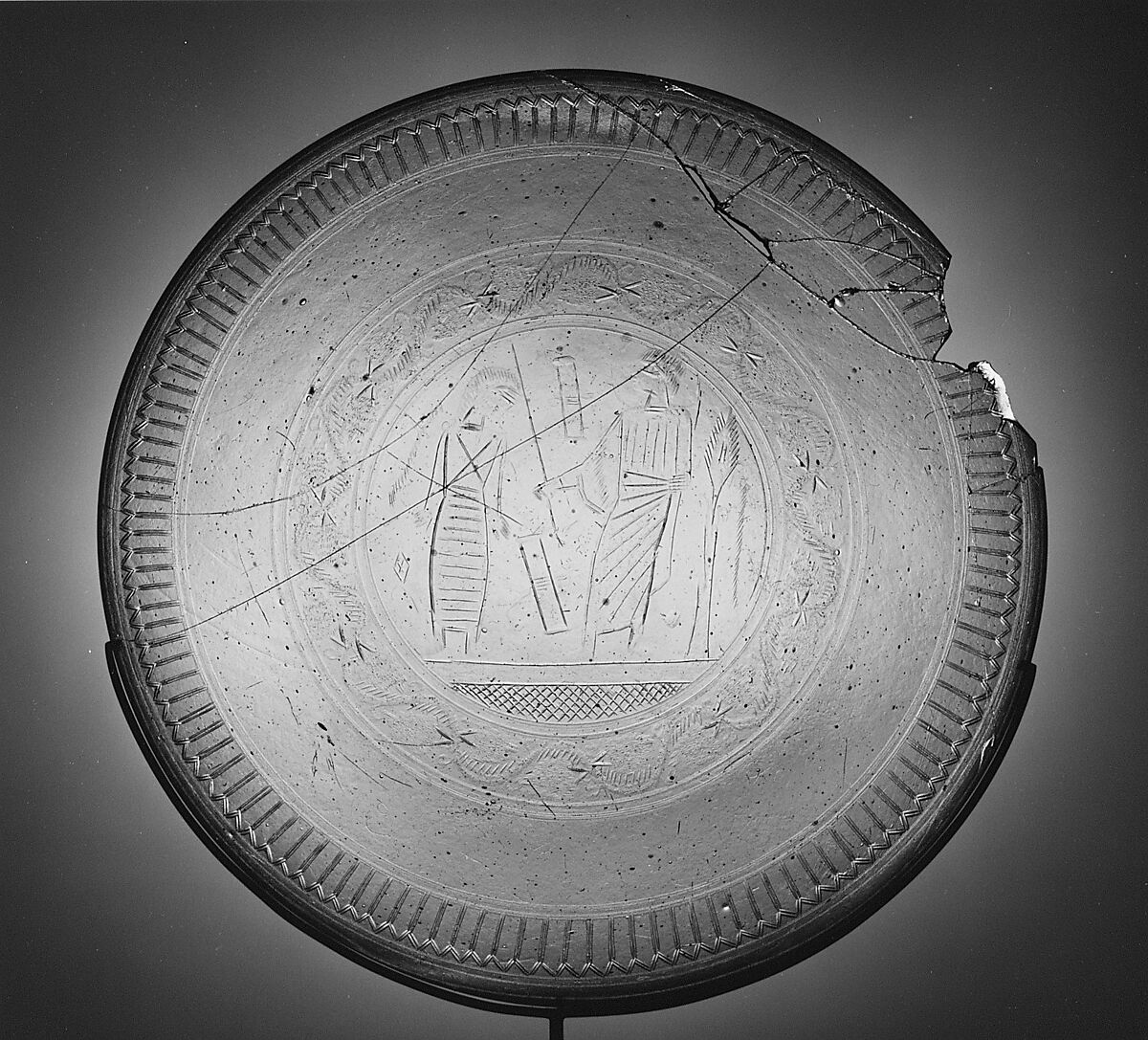 Glass Dish with an Engraving of the Raising of Lazarus, Green Glass, engraved, Late Roman 