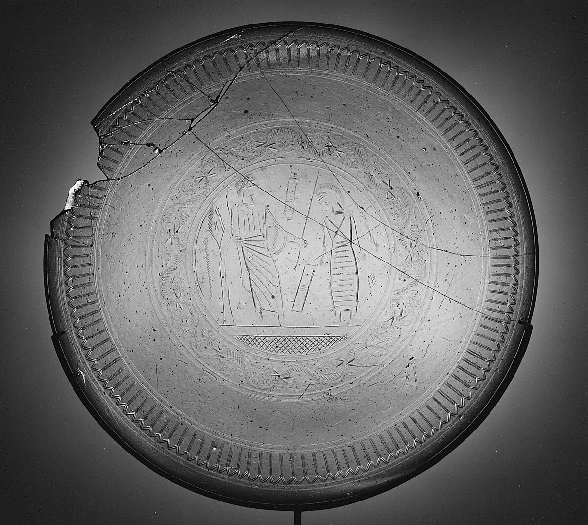 Glass Dish with an Engraving of the Raising of Lazarus, Green Glass, engraved, Late Roman